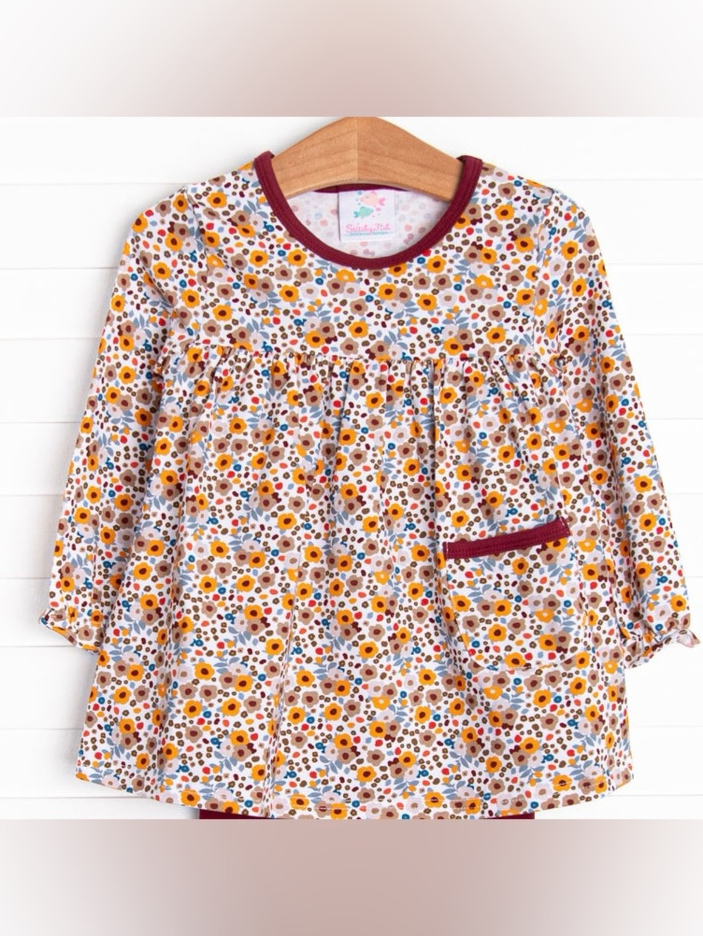 Stitch Fish Girls Floral Long Sleeve Top with Burgundy Trim size 10